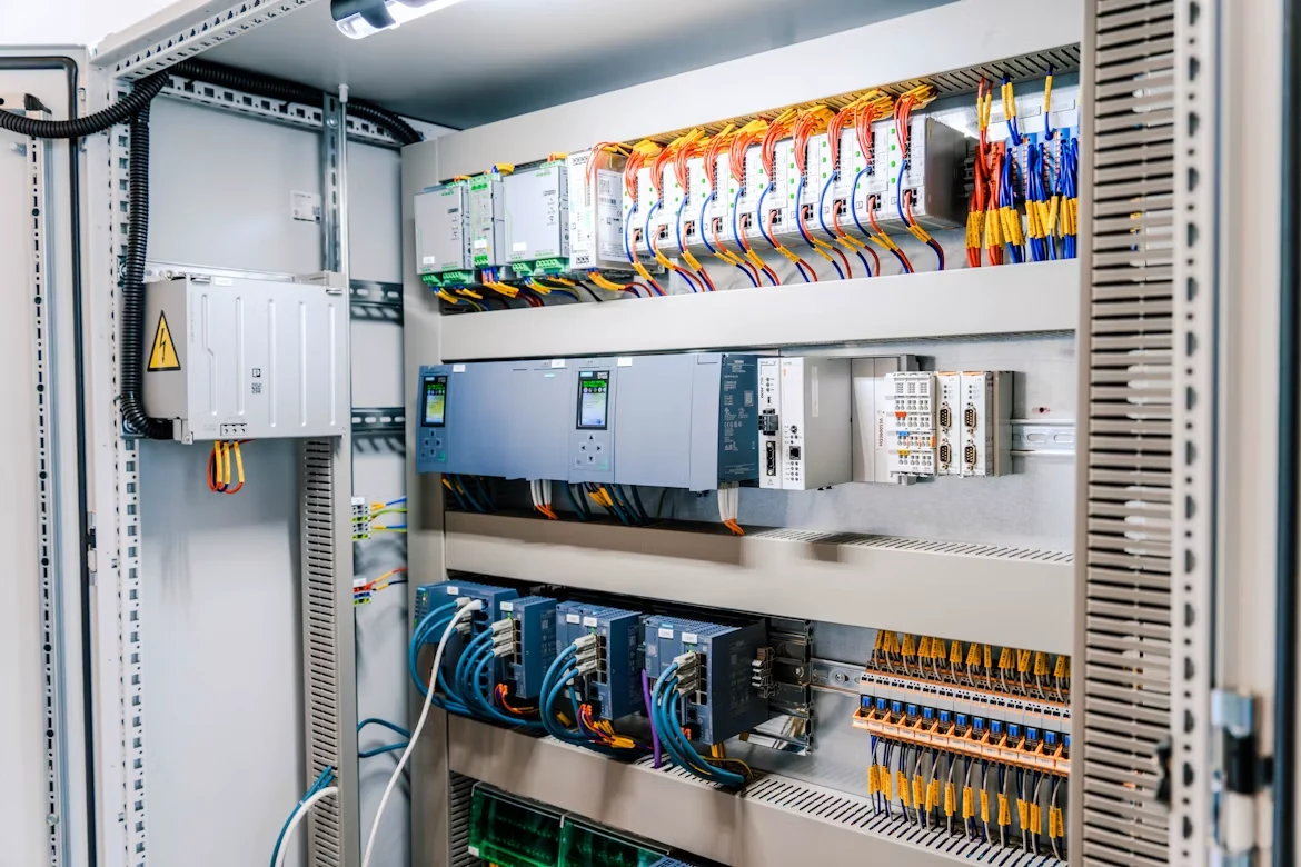 Open commercial electrical control panel with organized wiring and modules